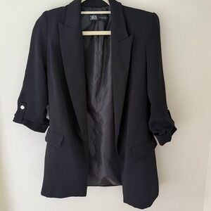 Zara Womens Black Ruched 3/4 Sleeve Open Front Longline Blazer Jacket XS